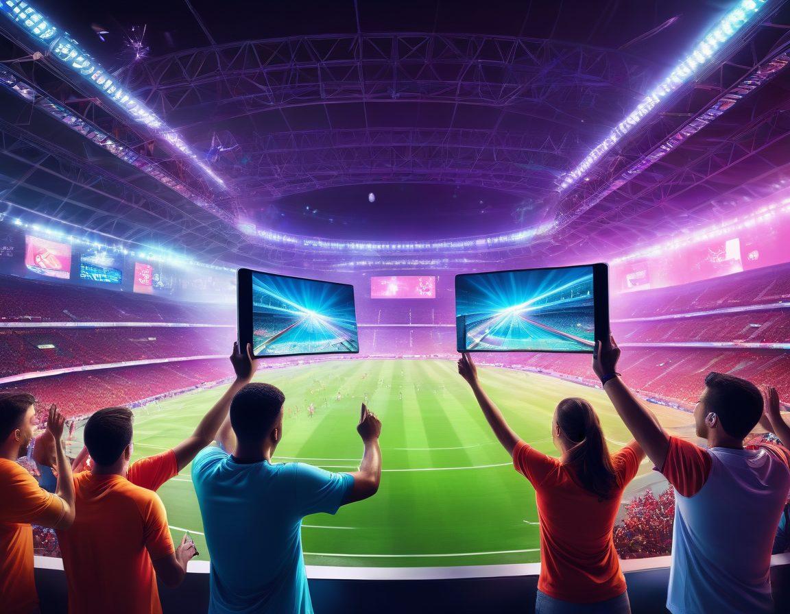 A dynamic scene showcasing a diverse group of enthusiastic fans engaging with interactive sports programming on various devices like tablets and smartphones. Include vibrant holographic displays of sports highlights in the foreground, with a lively stadium ambiance in the background. Capture the excitement and emotion of live sports, highlighting team jerseys and colorful banners. A modern, high-tech aesthetic complements the theme of immersion. digital illustration. vibrant colors.