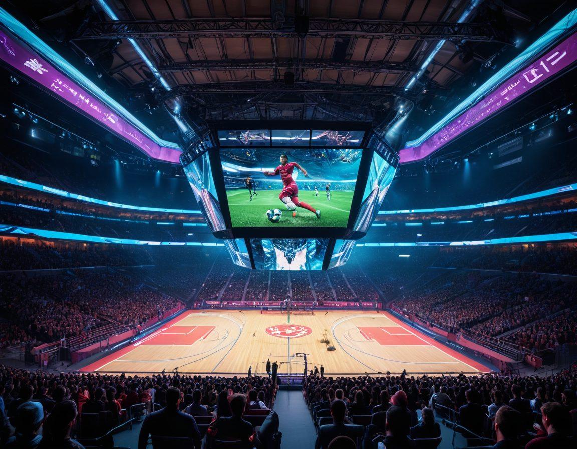 A futuristic sports arena bustling with energy, featuring a large holographic display showcasing live sports broadcasts and real-time analytics. Diverse fans are engaged, some using advanced mobile devices to stream games, while drones capture the action from above. Incorporate elements representing technology in sports, such as AI integrations and immersive viewing experiences. The atmosphere should be vibrant and dynamic, highlighting the fusion of sports and cutting-edge technology. super-realistic. vibrant colors. cyberpunk.