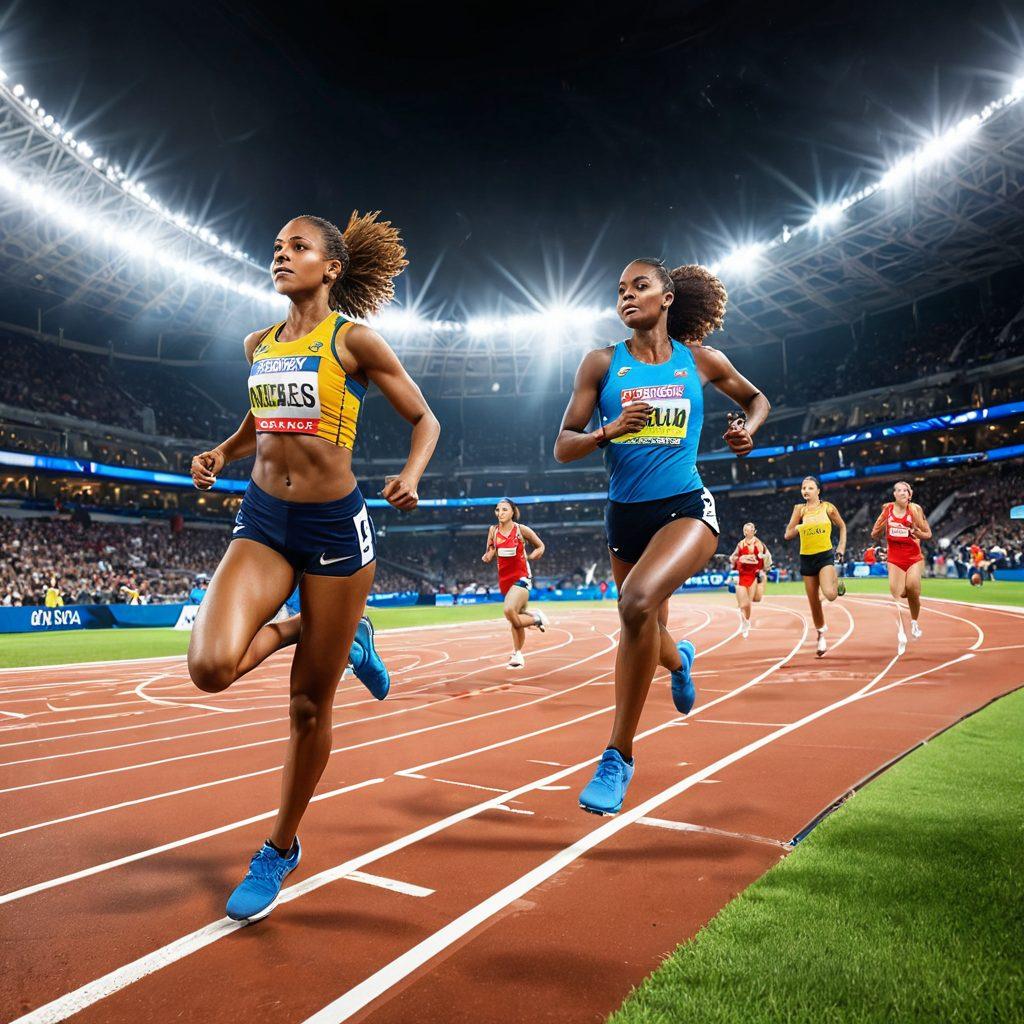 A dynamic sports scene showcasing athletes in various action poses, connected by vibrant digital feeds displaying real-time statistics and news updates. The background features a stadium filled with cheering fans and glowing screens highlighting different sports events. Emphasize the energy and excitement of athletic competitions in today's fast-paced world. super-realistic. vibrant colors. high-energy.